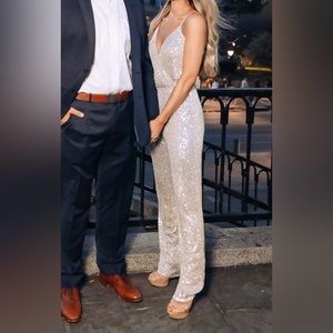 Fashion Nova Silver Sequin Jumpsuit S